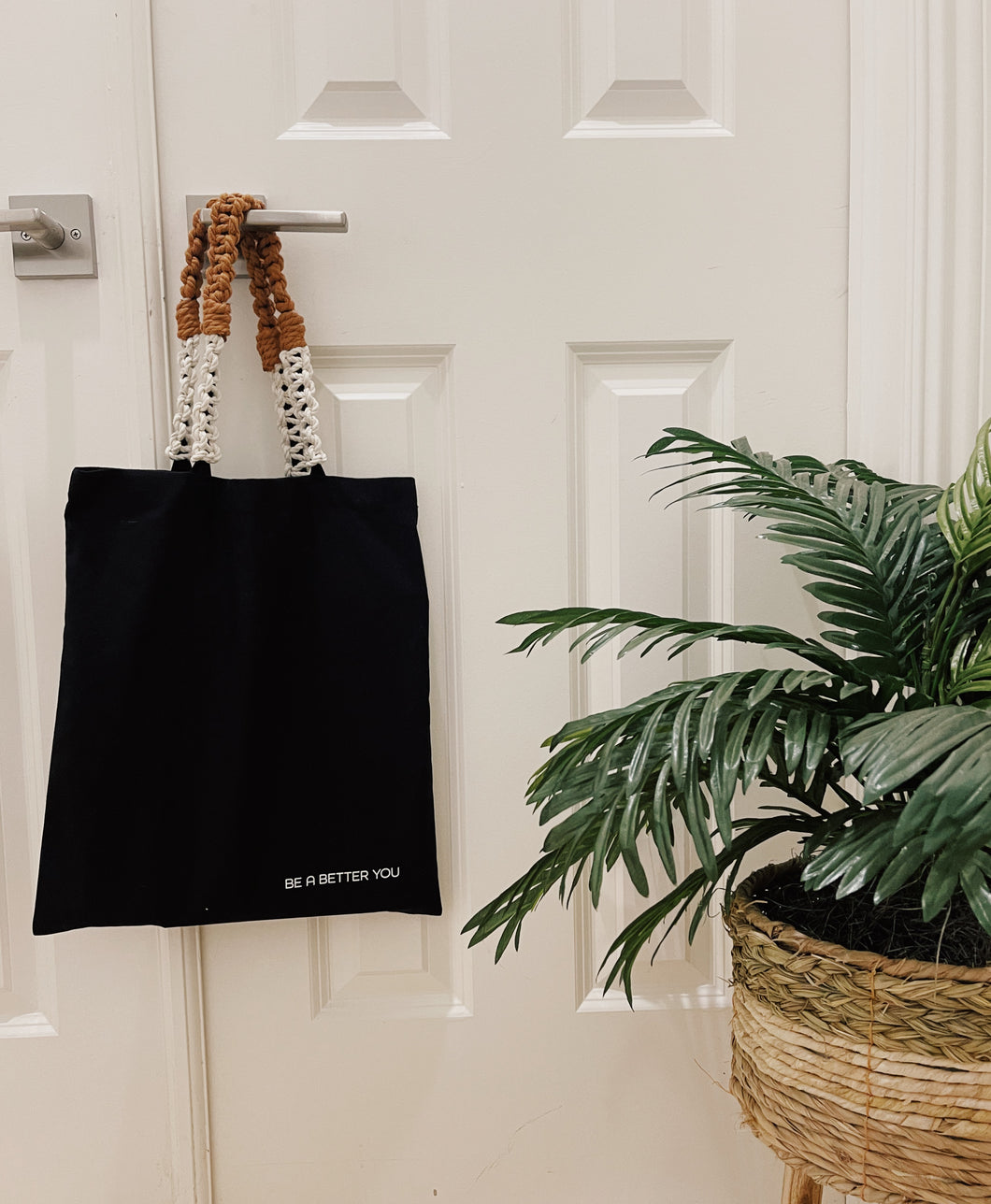 Be a better you macrame tote bag black. (Comes with free macrame key chain)